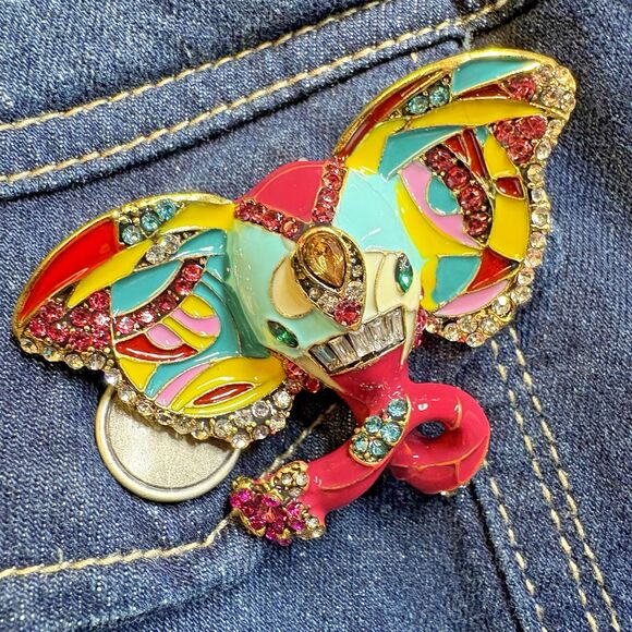 Elephant Brooch Pin – Multicolor Enamel Rhinestones -Designer Style Statement - Picture 4 of 7